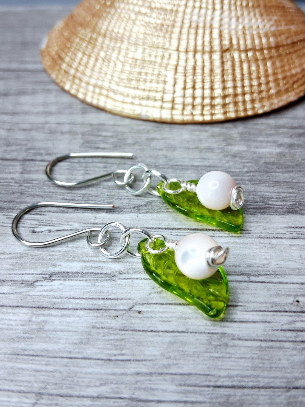 Green Leaf Glass & Pink Pearl Drop Earrings - Women Jewelry